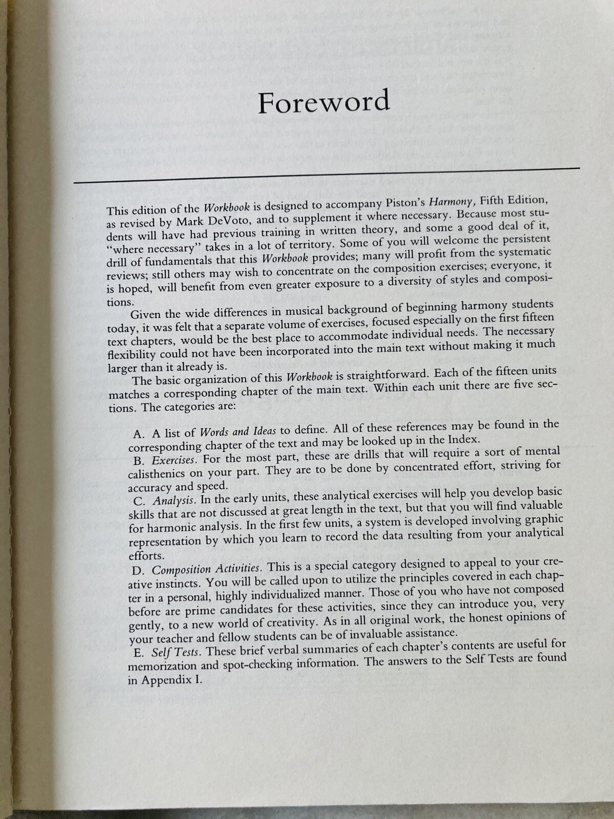 Harmony Workbook For Piston / DeVoto By Arthur Jannery Westfield State College
