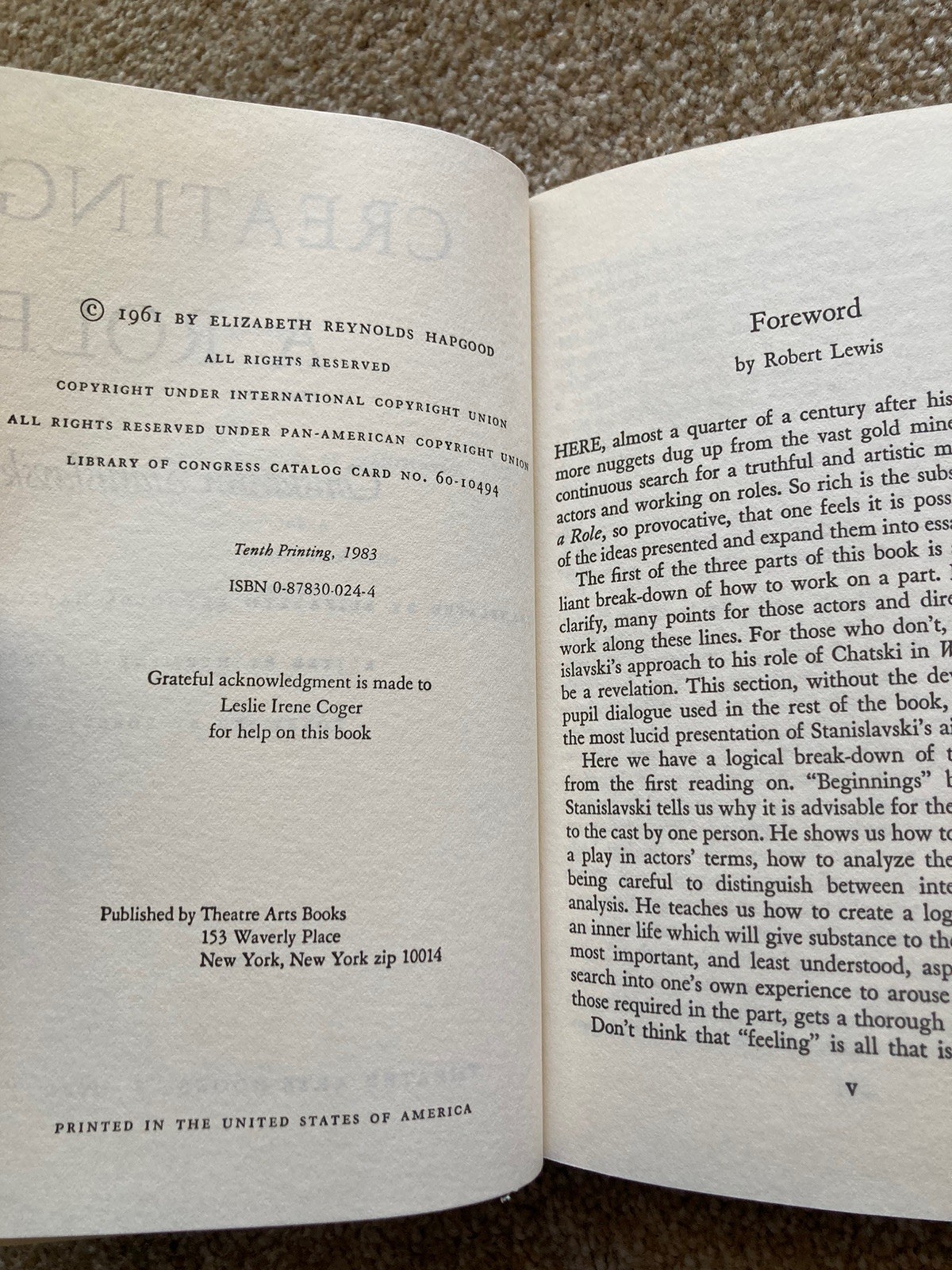 Creating a Role – Constantin Stanislavski – Hardcover 10th Printing 1983 Acting