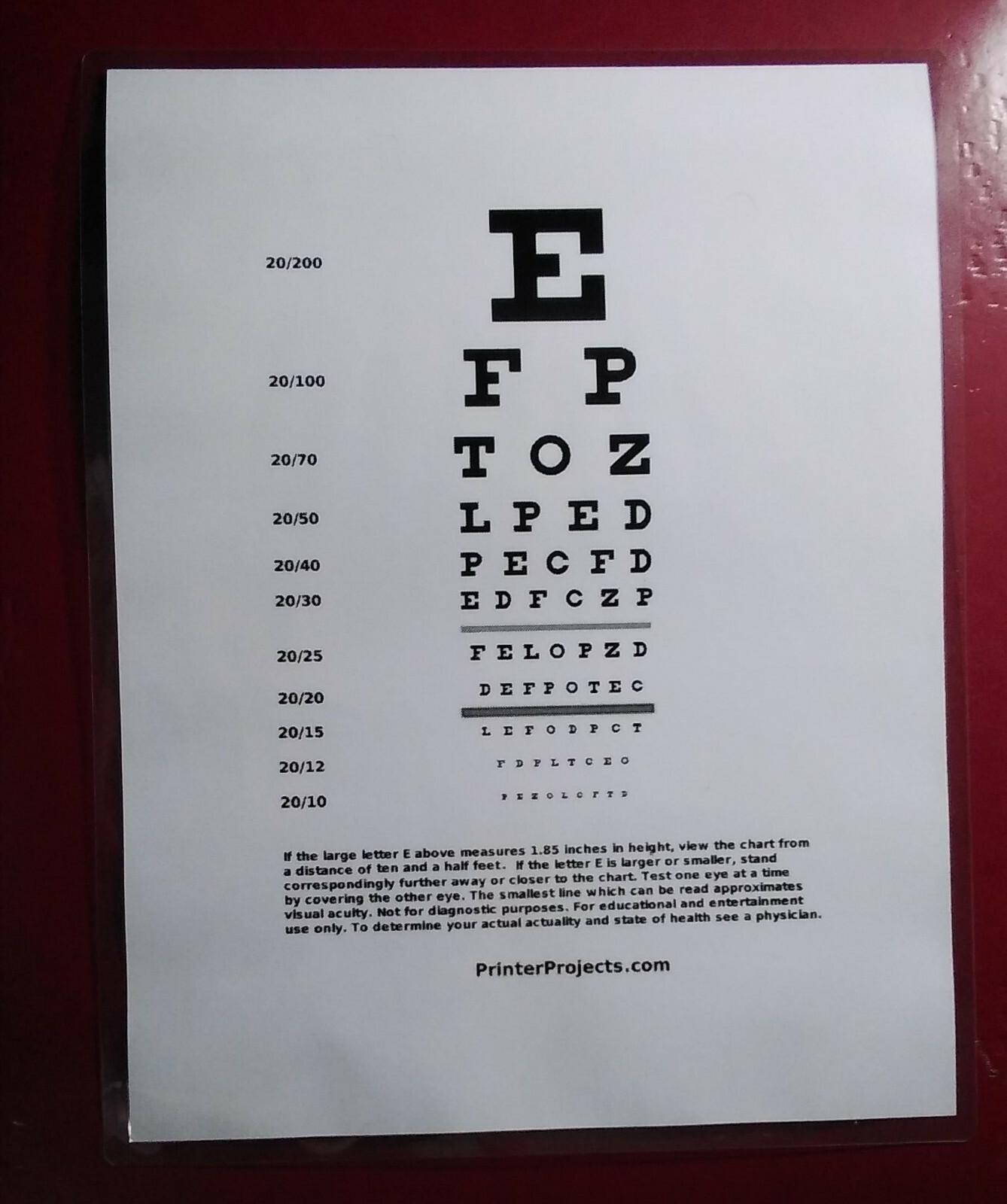 Snellen Eye Chart 11.5 x 9 inches ~ Laminated ~ FREE SHIPPING ~