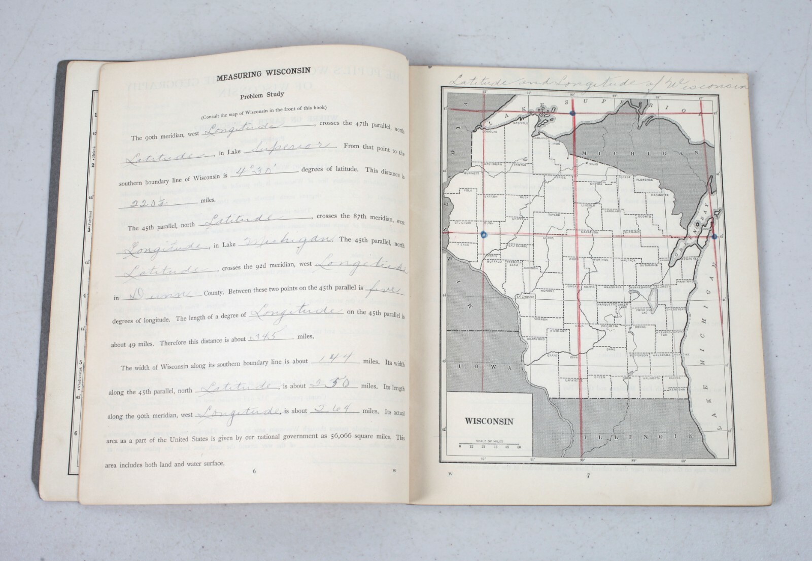 Vintage Ginn and Co. School Workbook of Wisconsin Geography Textbook