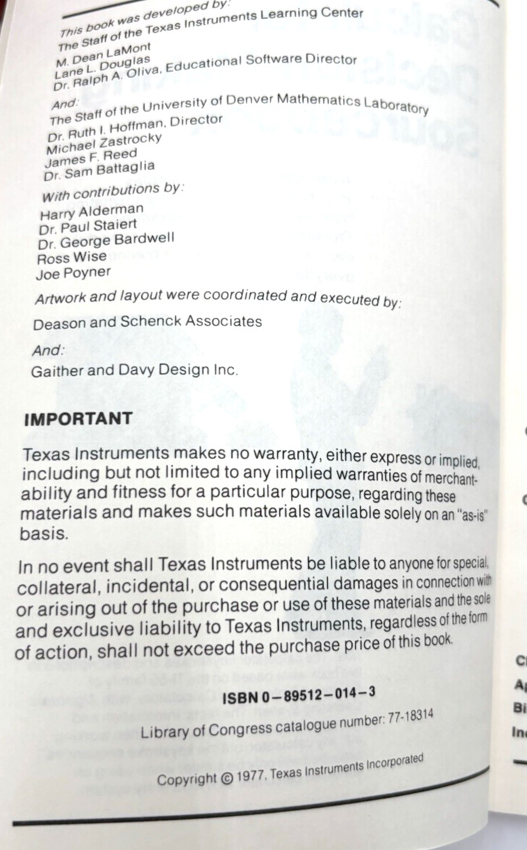 Texas Instruments Vintage Calculator Decision Making Sourcebook PB Book 1977