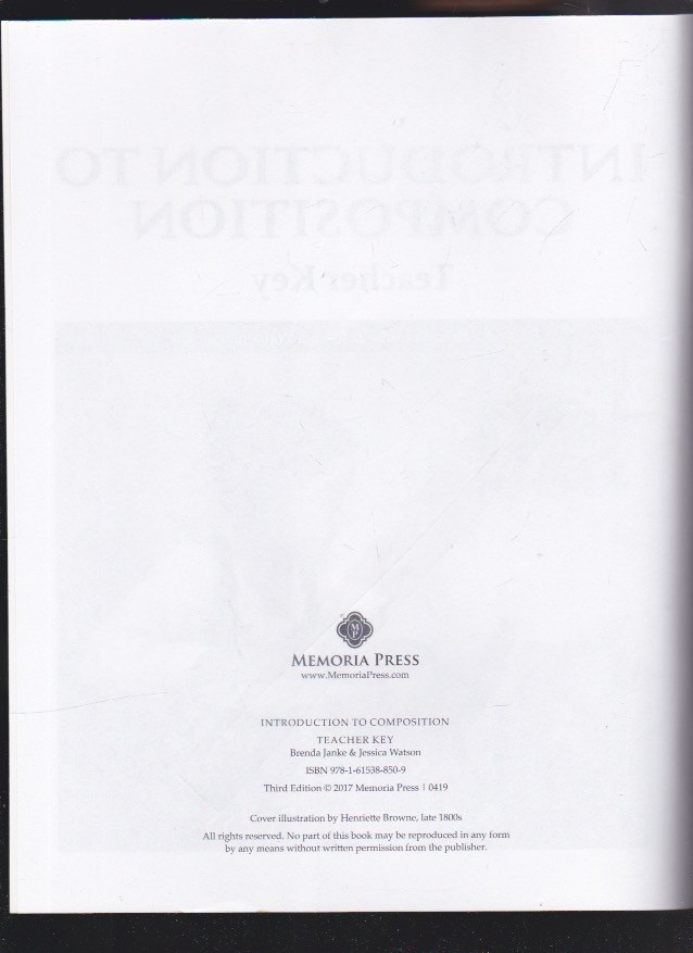 Introduction to Composition Teacher Key 3d Ed. Staple Bound Memoria Press VG