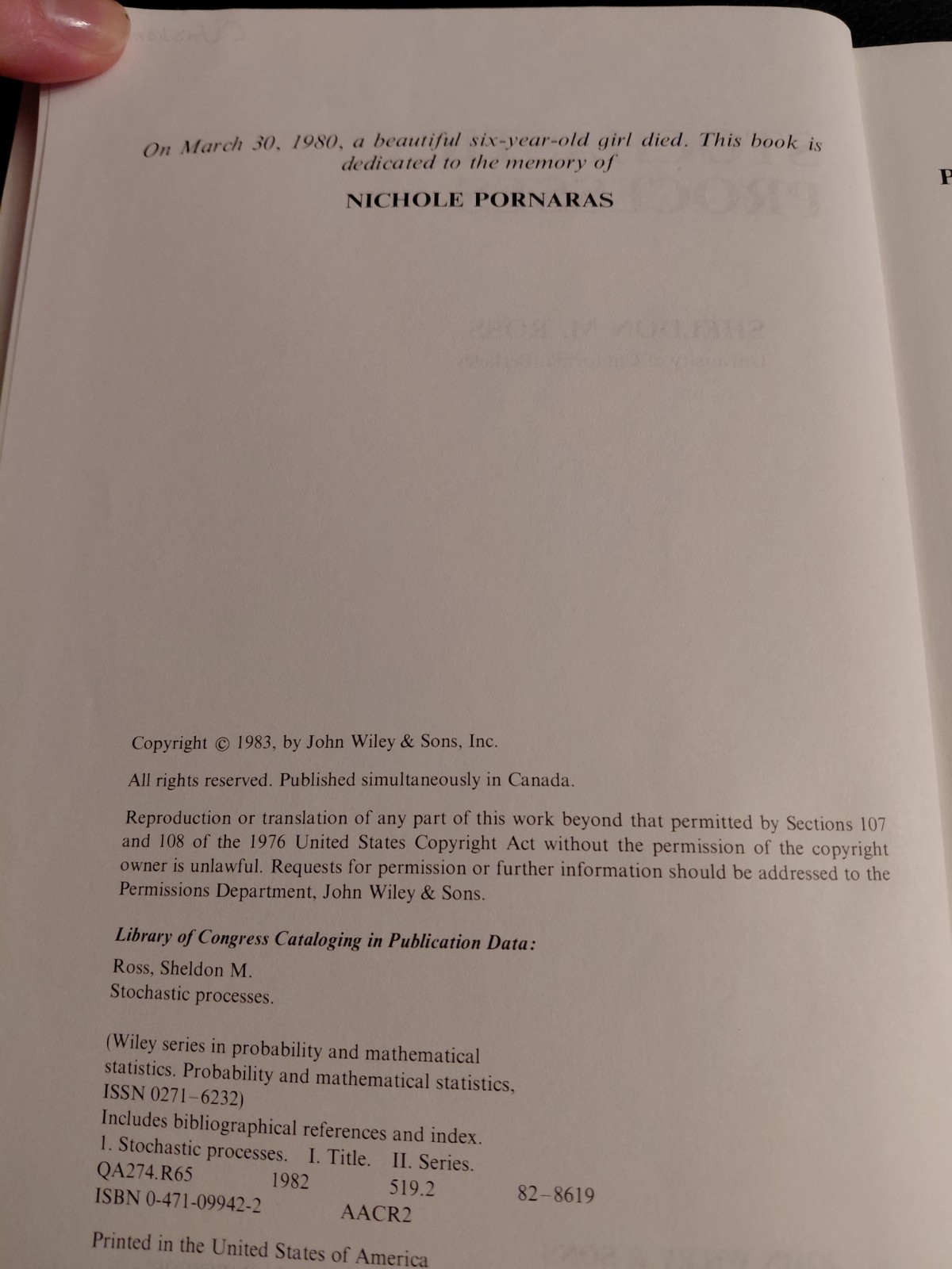STOCHASTIC PROCESSES by Sheldon M. Ross 1983’s Wiley series in probability..