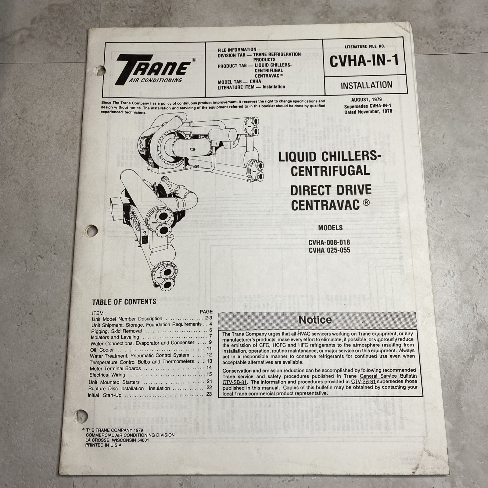 1979 Trane HVAC CVHA-IN-1 Operation Technical Manual Direct D. Centravac Chiller